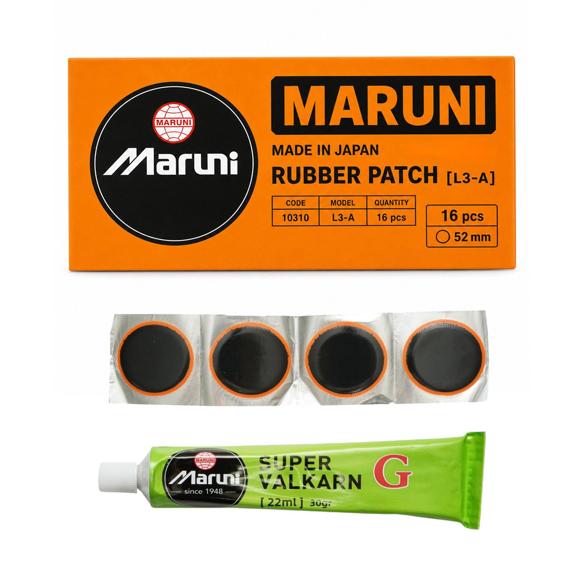 Set 25 petice vulcanizare rotunde 40mm + 1 tub adeziv Super Valcarn G 22ml pentru camere de aer M2-A Maruni made in Japan