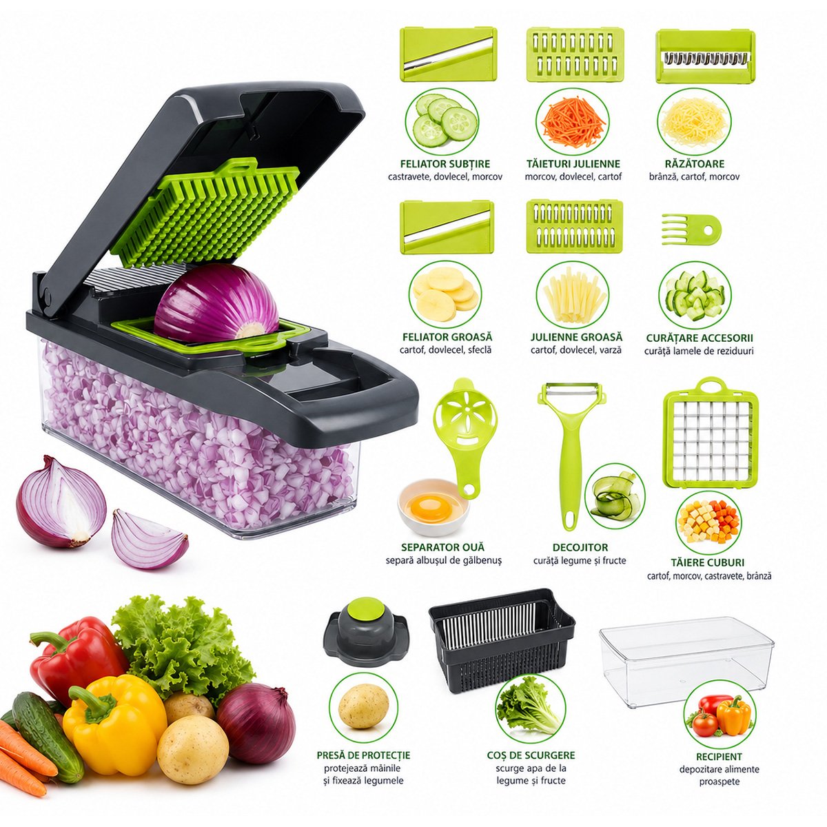 Tocator de legume multifunctional 12 in 1 manual, 8 lame inox interschimbabile, taietor legume, feliator, razatoare, decojitor, separator oua, recipient colectare