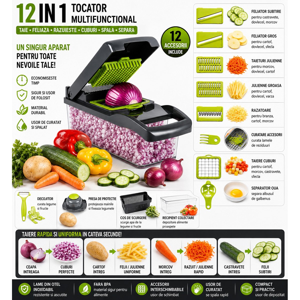 Tocator de legume multifunctional 12 in 1 manual, 8 lame inox interschimbabile, taietor legume, feliator, razatoare, decojitor, separator oua, recipient colectare - imagine 4