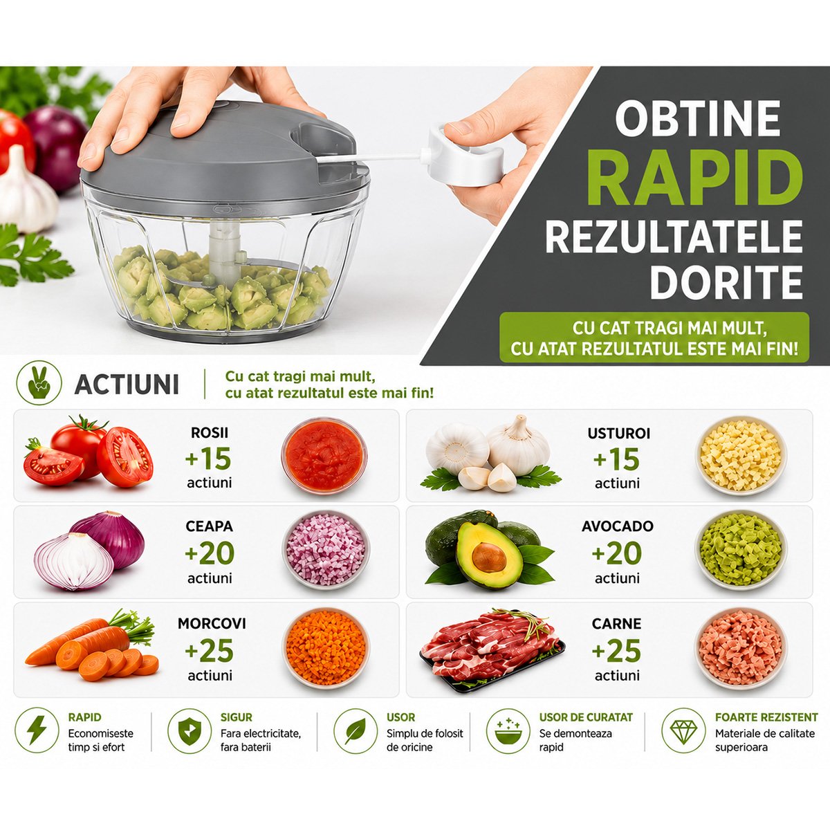 Tocator manual de legume cu sfoara, 3 lame inox, capacitate 500ml - imagine 8