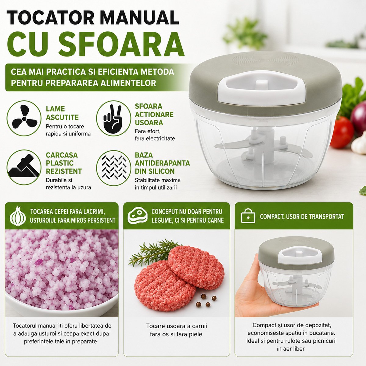 Tocator manual de legume cu sfoara, 3 lame inox, capacitate 500ml - imagine 6