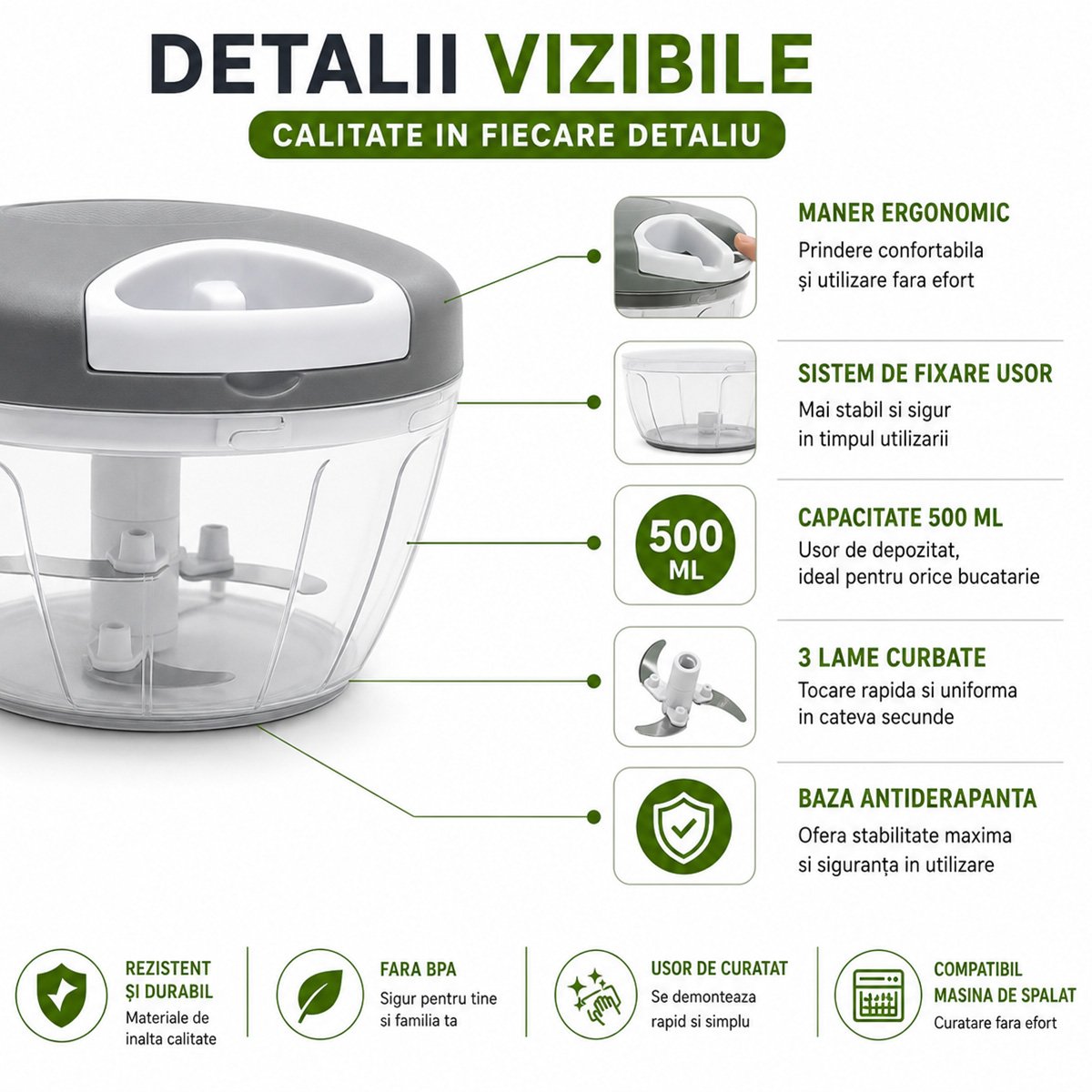 Tocator manual de legume cu sfoara, 3 lame inox, capacitate 500ml - imagine 7