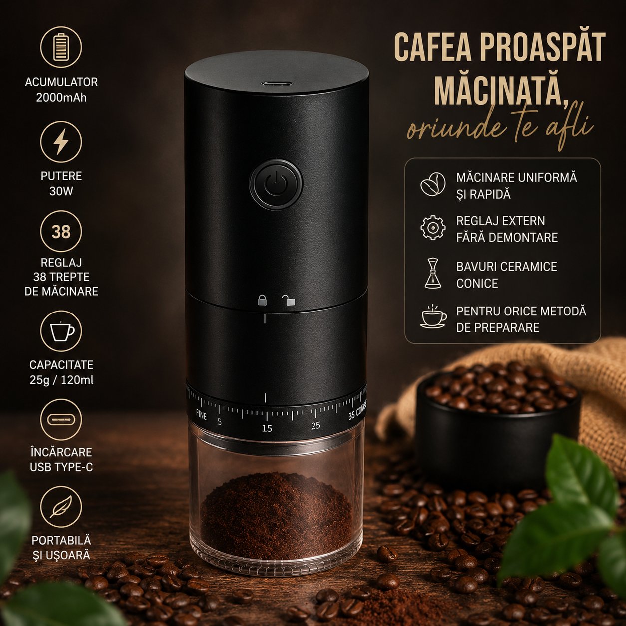 Rasnita electrica de cafea portabila cu acumulator 2000mAh, 30W, reglaj macinare 38 trepte, capacitate 25g/120ml, reincarcabila USB Type-C - imagine 3