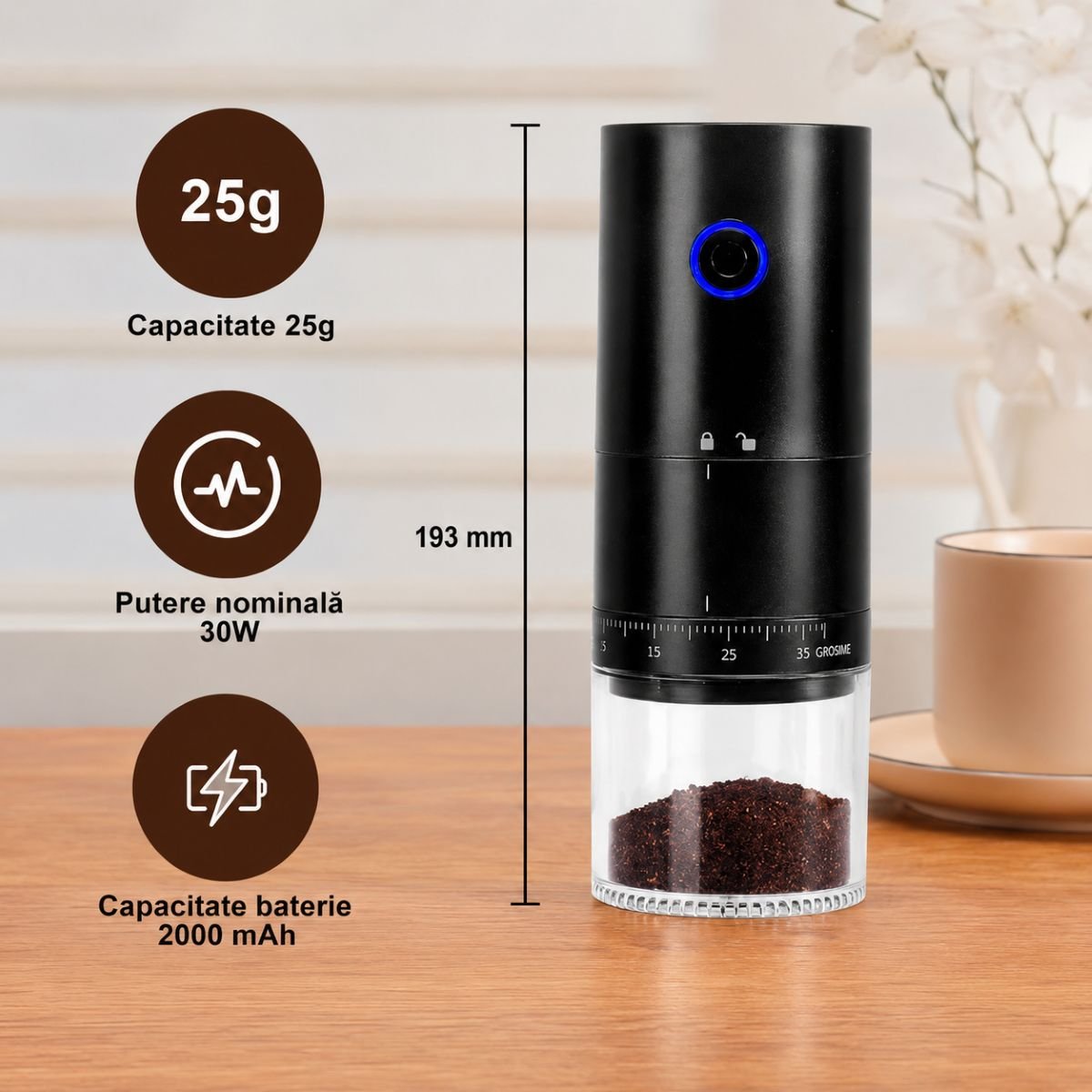Rasnita electrica de cafea portabila cu acumulator 2000mAh, 30W, reglaj macinare 38 trepte, capacitate 25g/120ml, reincarcabila USB Type-C - imagine 4