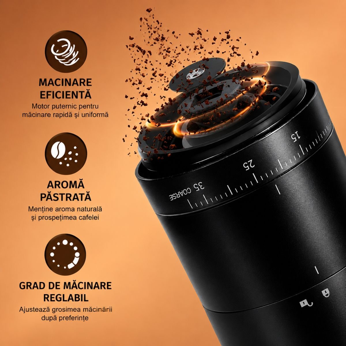 Rasnita electrica de cafea portabila cu acumulator 2000mAh, 30W, reglaj macinare 38 trepte, capacitate 25g/120ml, reincarcabila USB Type-C - imagine 6