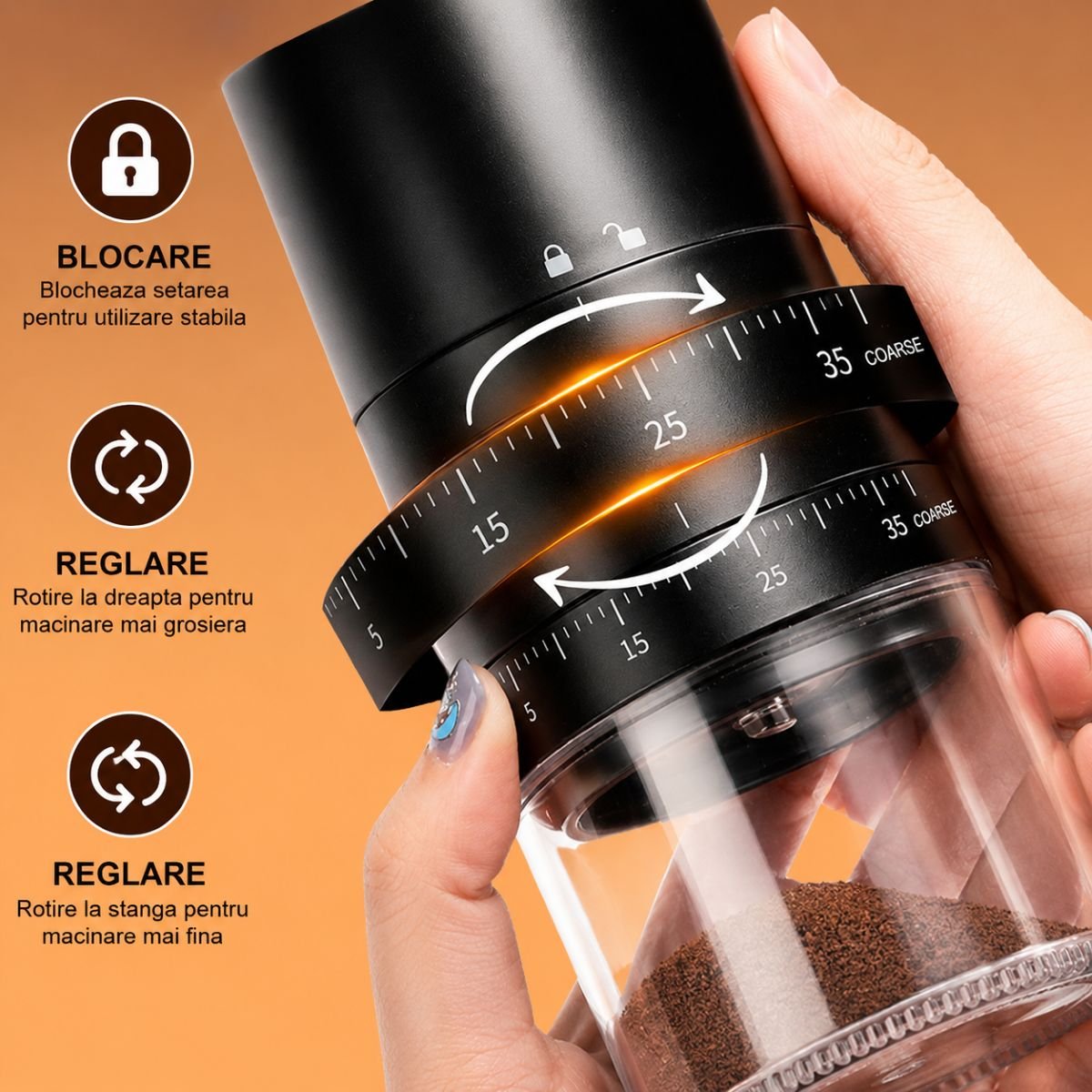 Rasnita electrica de cafea portabila cu acumulator 2000mAh, 30W, reglaj macinare 38 trepte, capacitate 25g/120ml, reincarcabila USB Type-C - imagine 5