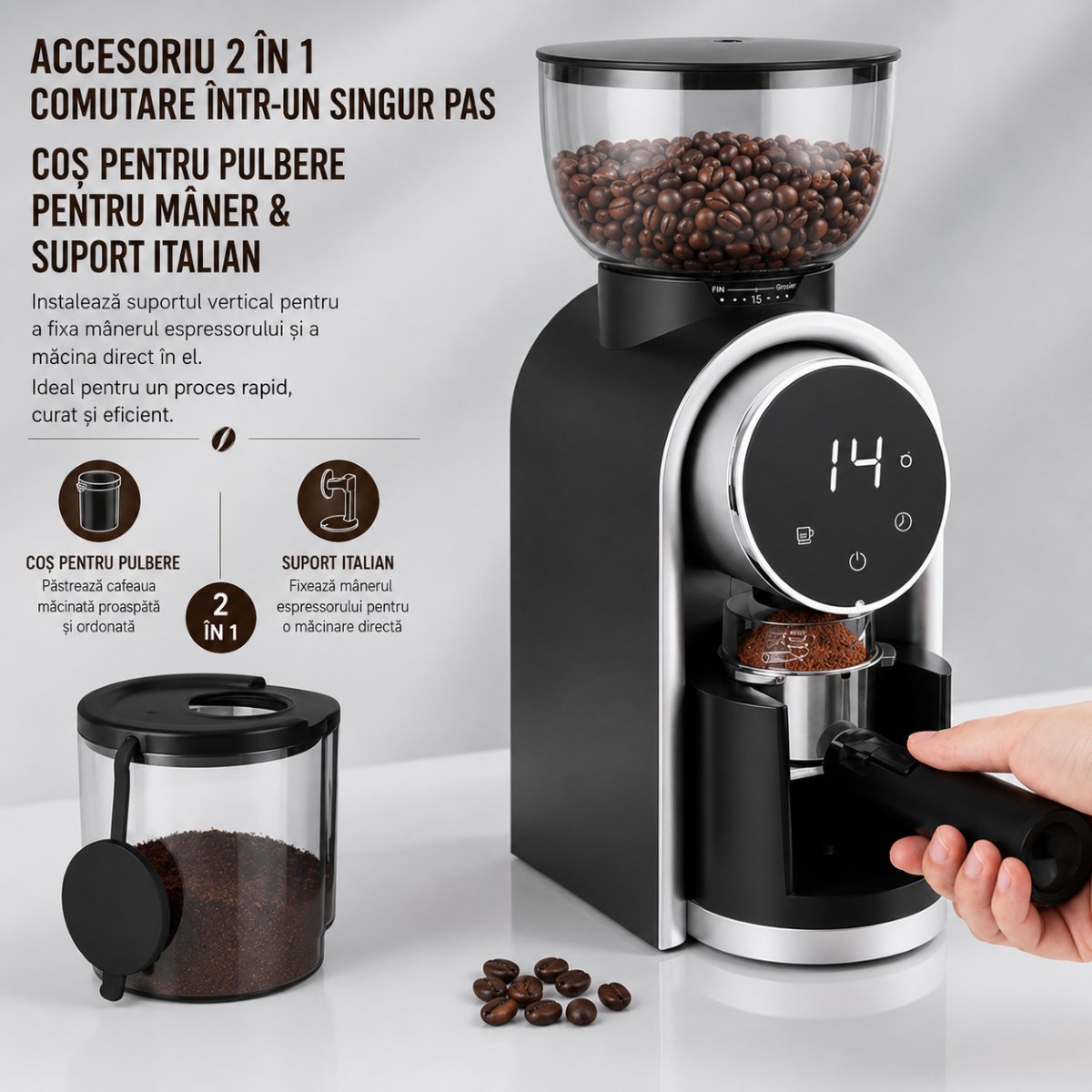 Rasnita electrica de cafea automata 150W, 220V, reglaj macinare 25 trepte, afisaj digital touch, bavuri conice, recipient boabe 250g - imagine 6