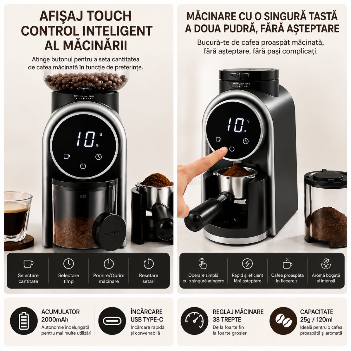 Rasnita electrica de cafea automata 150W, 220V, reglaj macinare 25 trepte, afisaj digital touch, bavuri conice, recipient boabe 250g - imagine 7
