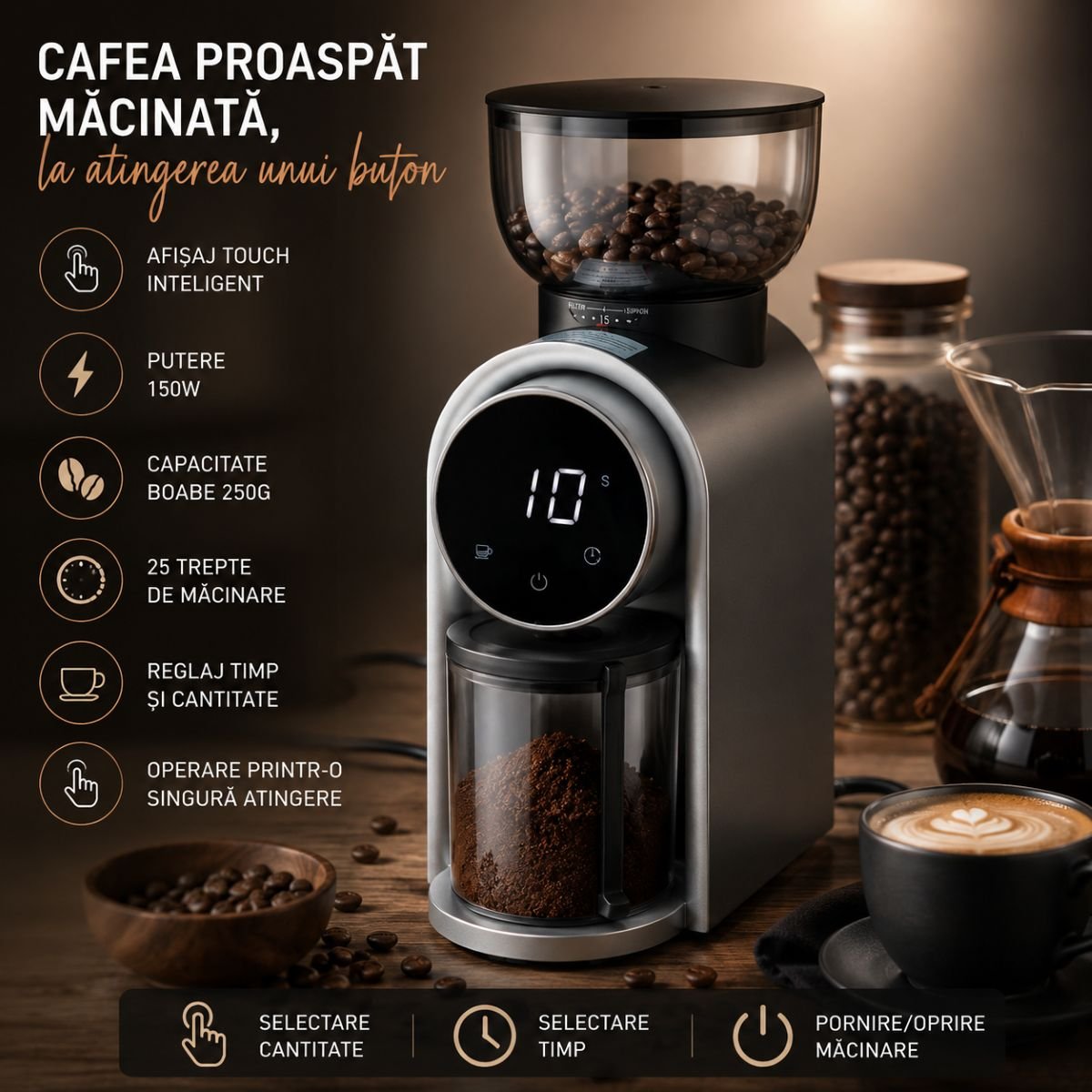 Rasnita electrica de cafea automata 150W, 220V, reglaj macinare 25 trepte, afisaj digital touch, bavuri conice, recipient boabe 250g - imagine 8