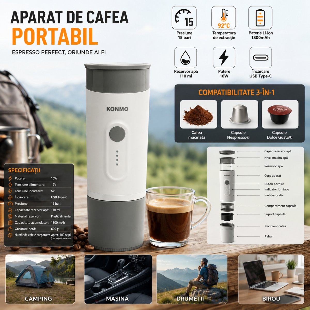Aparat de cafea portabil cu acumulator 1800mAh, 12V, 10W, presiune 15 bar, rezervor apa 110ml, cafea macinata, capsule Nespresso - imagine 4