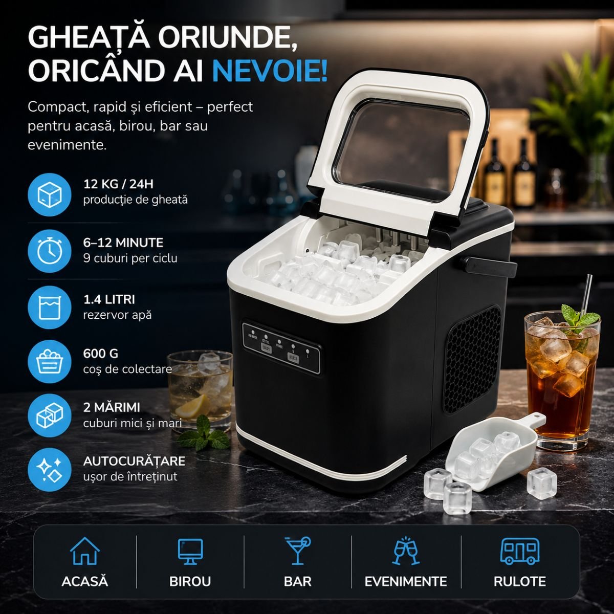 Aparat de facut gheata 12 kg/24h, rezervor apa 1.4L, cos colectare 600g, autocuratare - imagine 2