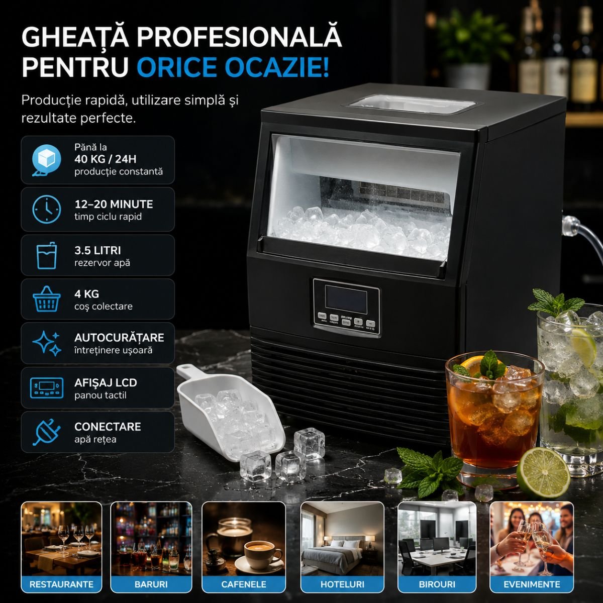 Masina de facut gheata profesionala 40 kg/24h, rezervor apa 3.5L, conexiune apa retea, cos colectare 4kg, autocuratare, afisaj LCD - imagine 2