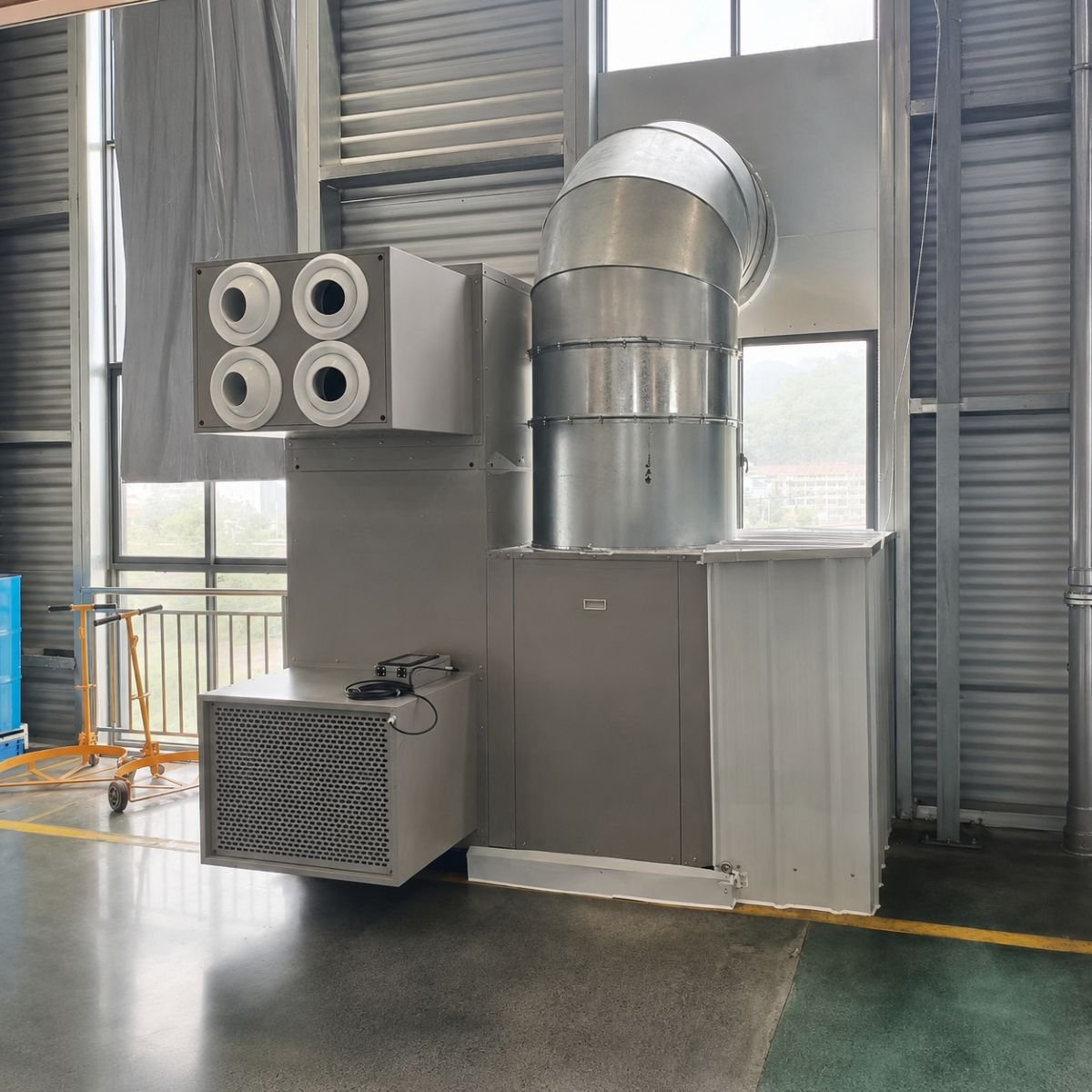 Sistem instalatie climatizare industriala 272.960 BTU, 80kW, 380V, functie incalzire si ventilatie, debit aer 17.500m3/h pentru corturi, hale, depozite 500–750m2