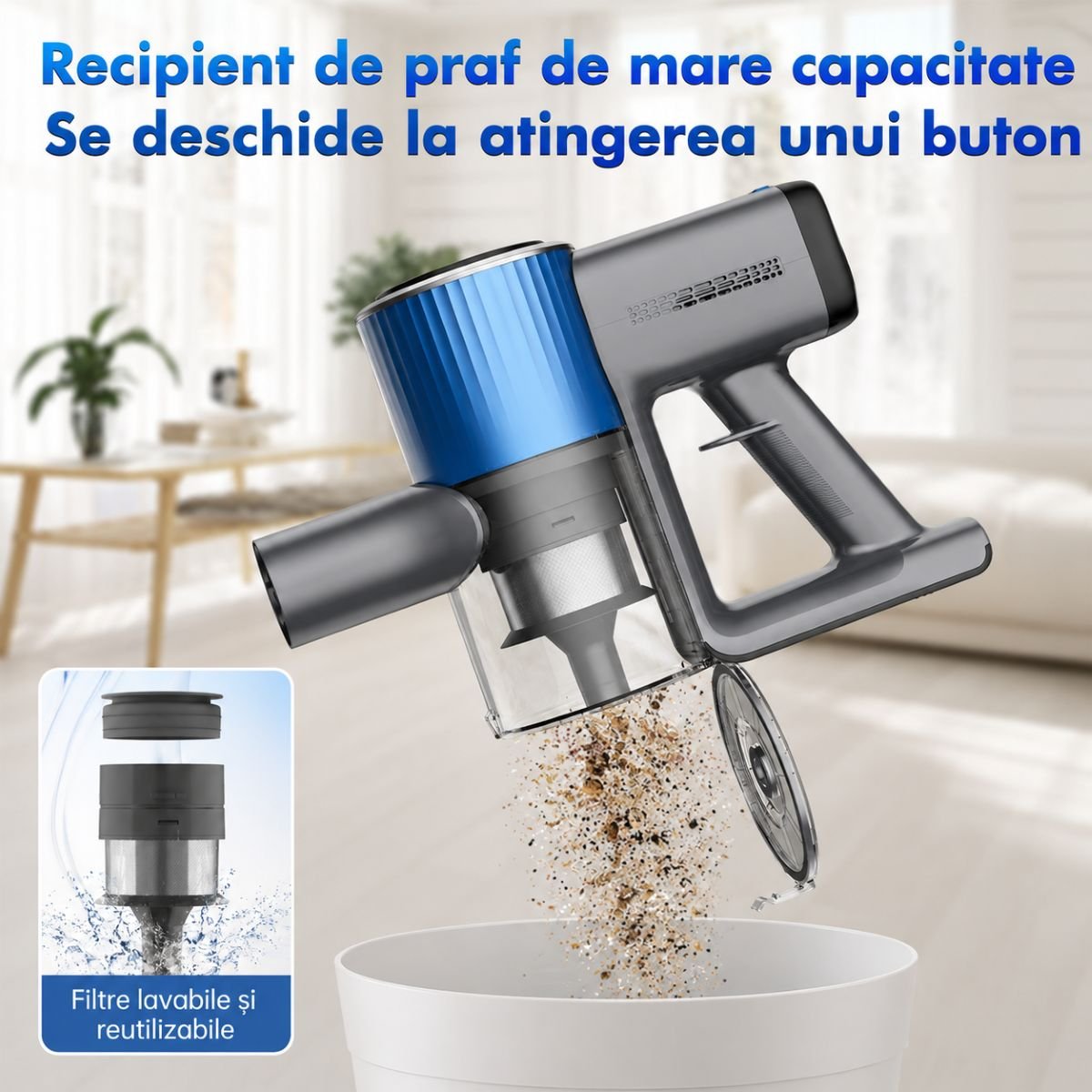 Aspirator vertical fara fir 200W, putere aspirare 30 kPa, baterie 2000mAh, recipient praf 600ml, 3 moduri de aspirare, ecran tactil LED, motor brushless, perie iluminata LED - imagine 19