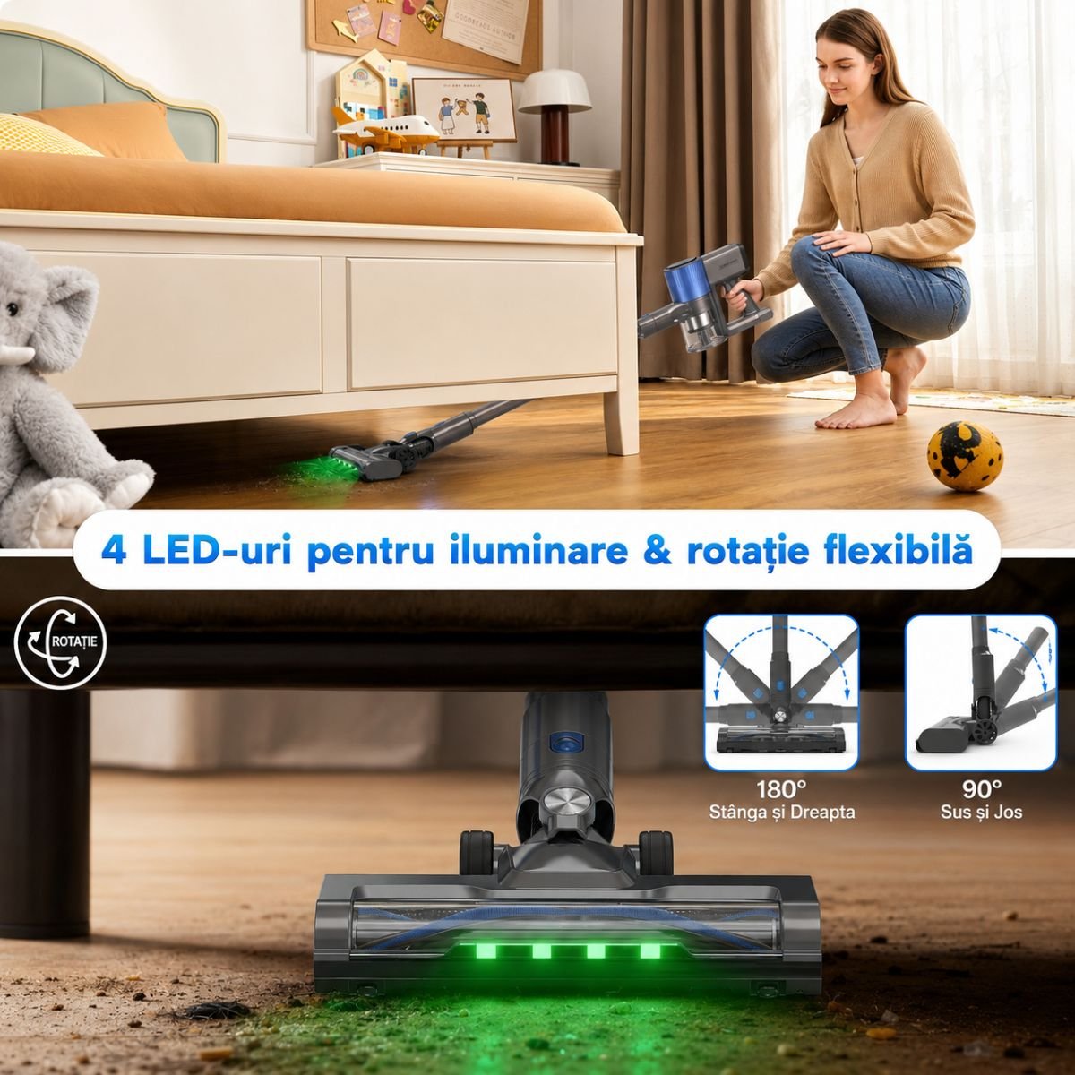 Aspirator vertical fara fir 200W, putere aspirare 30 kPa, baterie 2000mAh, recipient praf 600ml, 3 moduri de aspirare, ecran tactil LED, motor brushless, perie iluminata LED - imagine 18