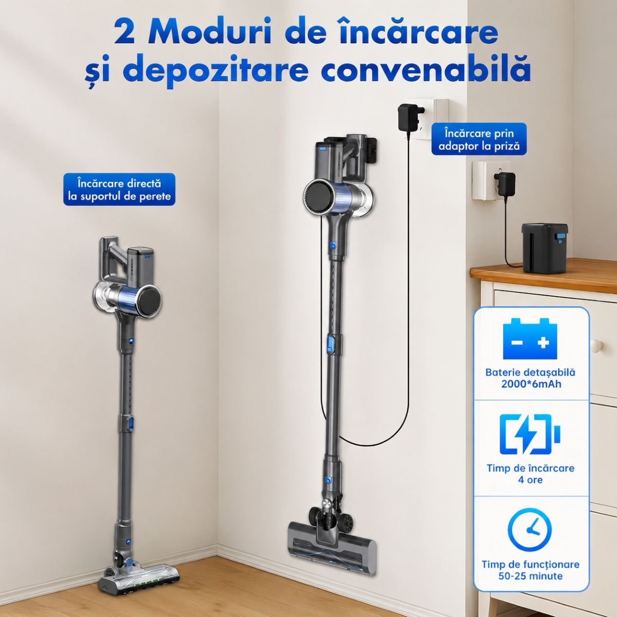 Aspirator vertical fara fir 200W, putere aspirare 30 kPa, baterie 2000mAh, recipient praf 600ml, 3 moduri de aspirare, ecran tactil LED, motor brushless, perie iluminata LED - imagine 14
