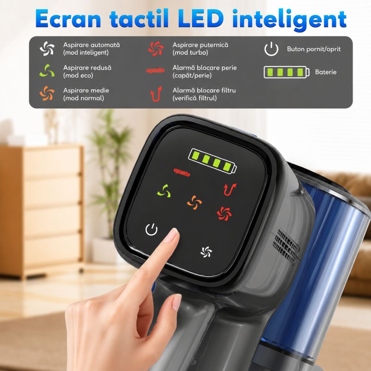 Aspirator vertical fara fir 200W, putere aspirare 30 kPa, baterie 2000mAh, recipient praf 600ml, 3 moduri de aspirare, ecran tactil LED, motor brushless, perie iluminata LED - imagine 12