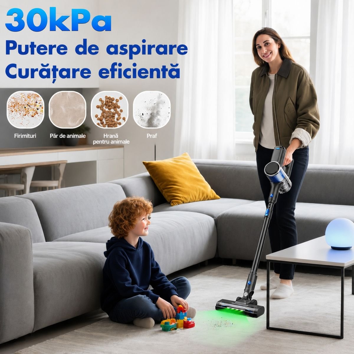 Aspirator vertical fara fir 200W, putere aspirare 30 kPa, baterie 2000mAh, recipient praf 600ml, 3 moduri de aspirare, ecran tactil LED, motor brushless, perie iluminata LED - imagine 16