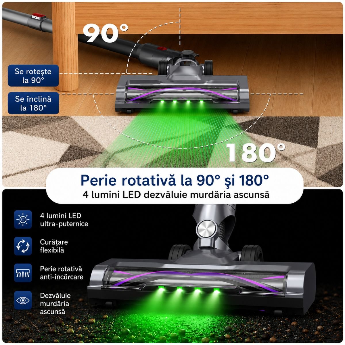 Aspirator vertical fara fir 300W, putere aspirare 35 kPa, baterie 2000mAh, recipient praf 800ml, 3 moduri de aspirare, ecran tactil LED, motor brushless, perie iluminata LED - imagine 17