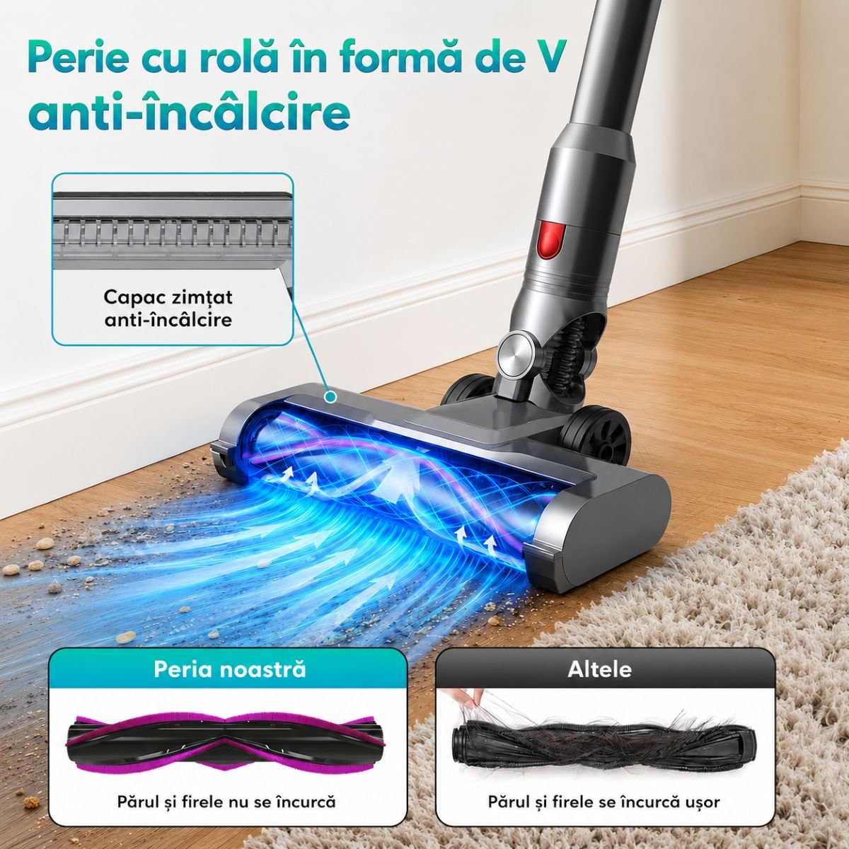 Aspirator vertical fara fir 300W, putere aspirare 35 kPa, baterie 2000mAh, recipient praf 800ml, 3 moduri de aspirare, ecran tactil LED, motor brushless, perie iluminata LED - imagine 16