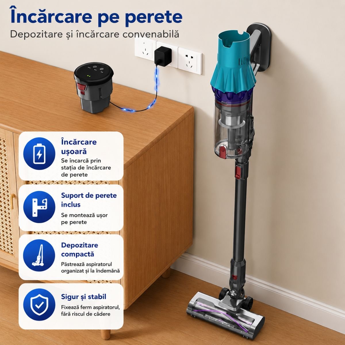 Aspirator vertical fara fir 300W, putere aspirare 35 kPa, baterie 2000mAh, recipient praf 800ml, 3 moduri de aspirare, ecran tactil LED, motor brushless, perie iluminata LED - imagine 20