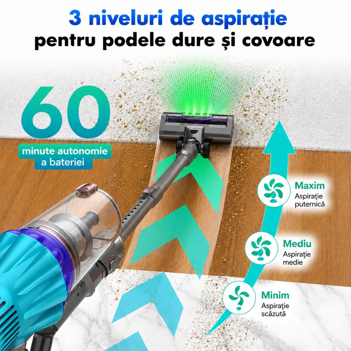 Aspirator vertical fara fir 300W, putere aspirare 35 kPa, baterie 2000mAh, recipient praf 800ml, 3 moduri de aspirare, ecran tactil LED, motor brushless, perie iluminata LED - imagine 15