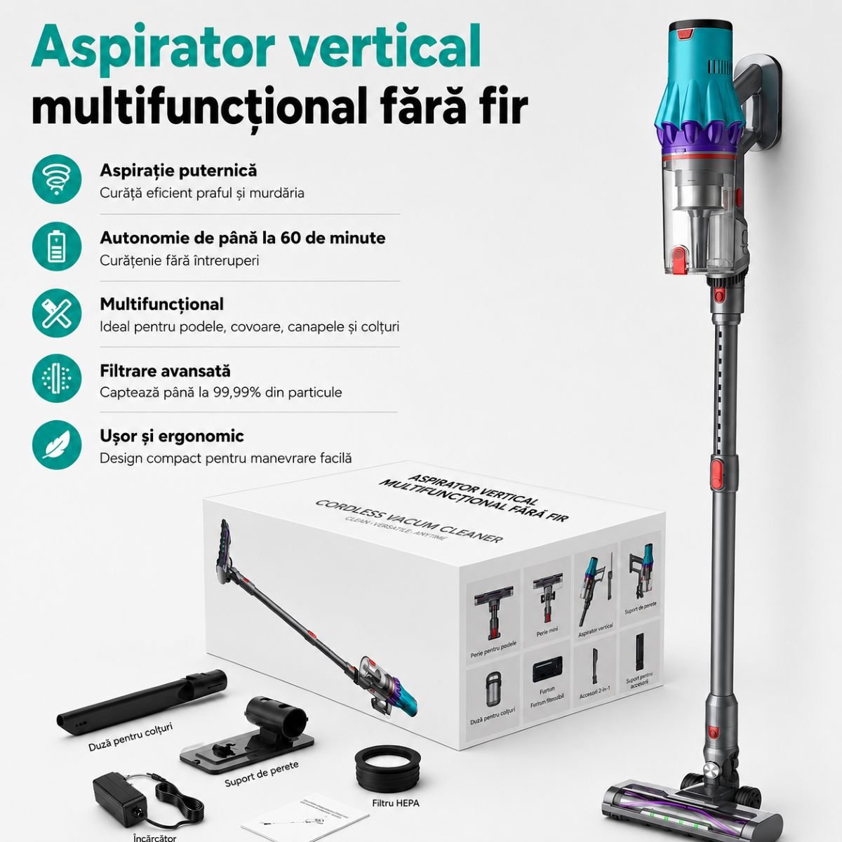 Aspirator vertical fara fir 300W, putere aspirare 35 kPa, baterie 2000mAh, recipient praf 800ml, 3 moduri de aspirare, ecran tactil LED, motor brushless, perie iluminata LED - imagine 18
