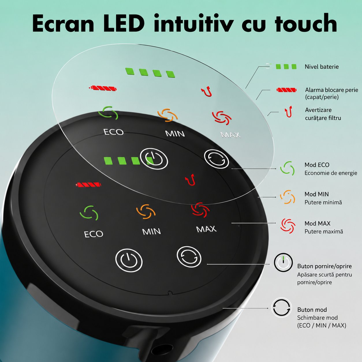 Aspirator vertical fara fir 300W, putere aspirare 35 kPa, baterie 2000mAh, recipient praf 800ml, 3 moduri de aspirare, ecran tactil LED, motor brushless, perie iluminata LED - imagine 14