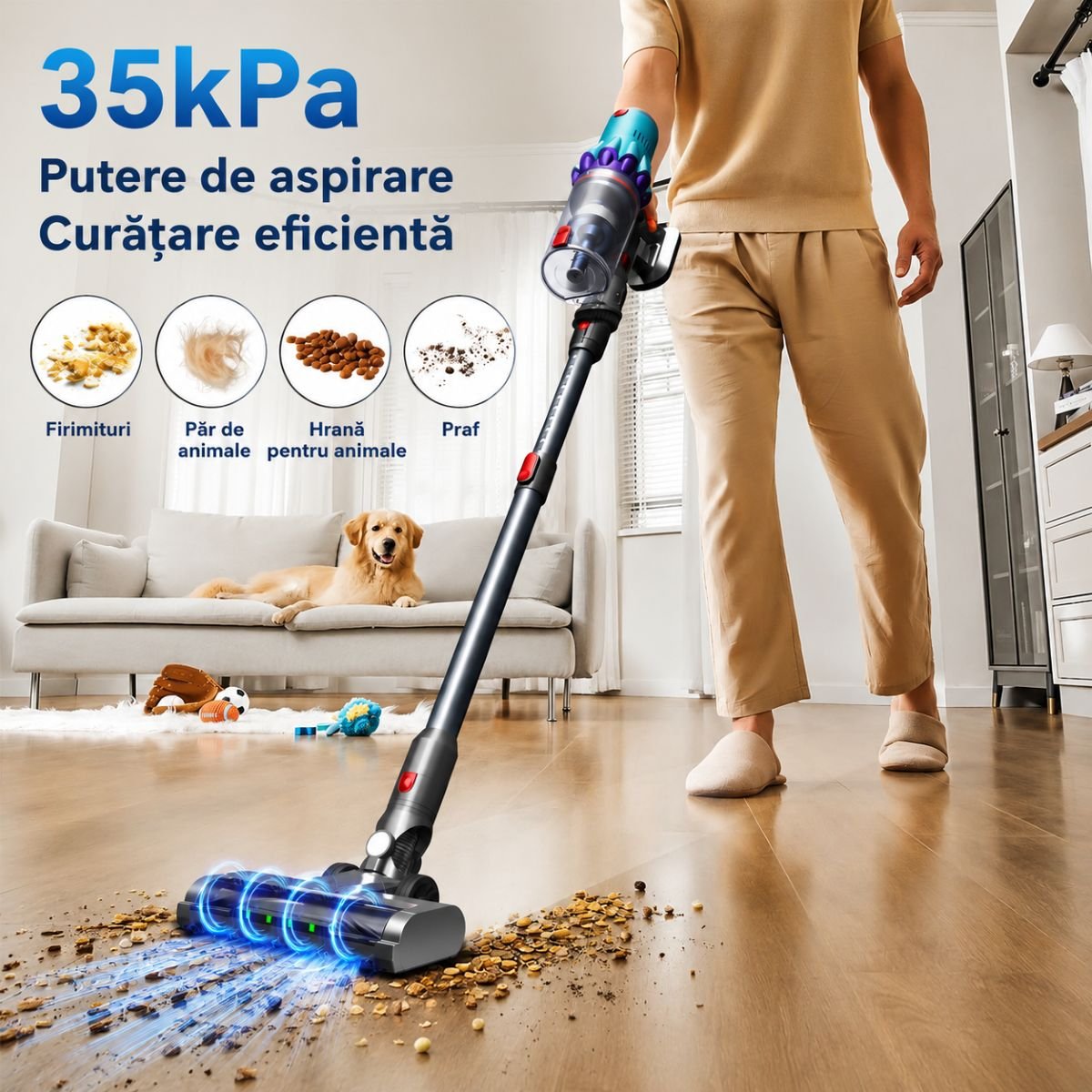 Aspirator vertical fara fir 300W, putere aspirare 35 kPa, baterie 2000mAh, recipient praf 800ml, 3 moduri de aspirare, ecran tactil LED, motor brushless, perie iluminata LED - imagine 13