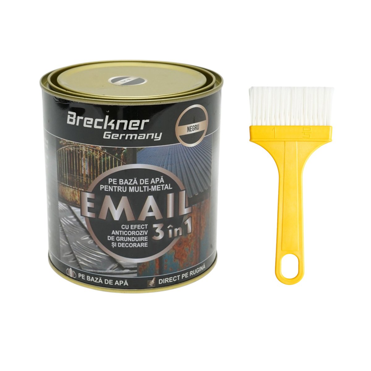 Vopsea email anticoroziva 3 in 1 pentru metal, direct pe rugina, pe baza de apa, negru 750g Breckner Germany