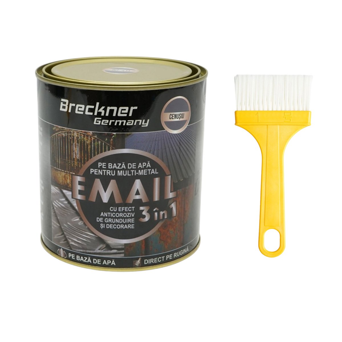 Vopsea email anticoroziva 3 in 1 pentru metal, direct pe rugina, pe baza de apa, cenusiu 750g Breckner Germany