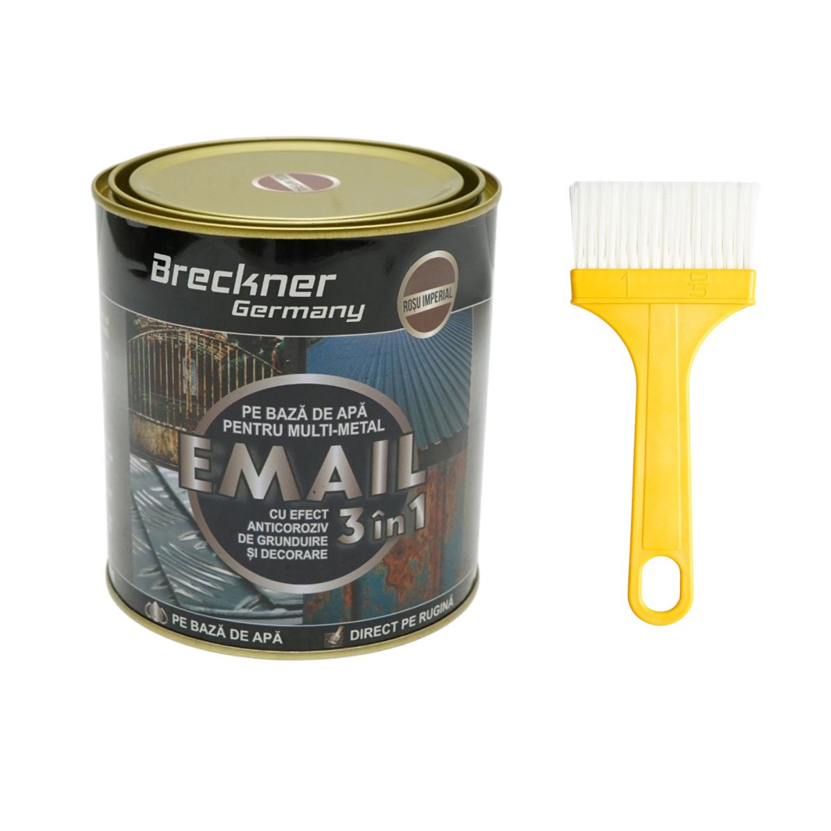 Vopsea email anticoroziva 3 in 1 pentru metal, direct pe rugina, pe baza de apa, rosu imperial 750g Breckner Germany