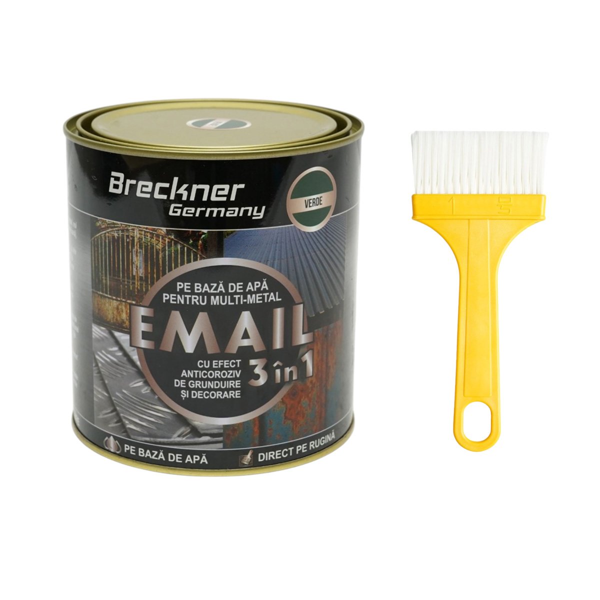 Vopsea email anticoroziva 3 in 1 pentru metal, direct pe rugina, pe baza de apa, verde John Deere 750g Breckner Germany
