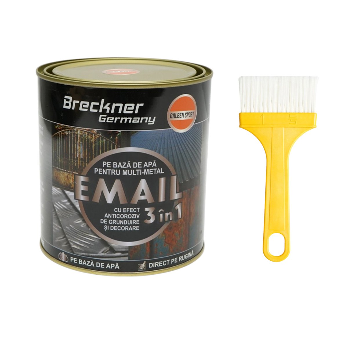 Vopsea email anticoroziva 3 in 1 pentru metal, direct pe rugina, pe baza de apa, galben sport 750g Breckner Germany