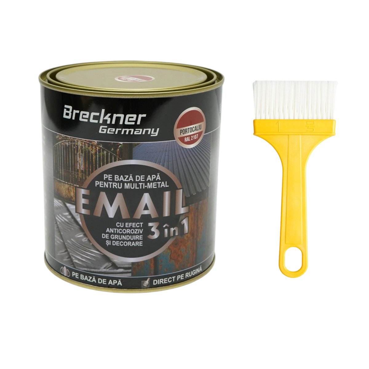 Vopsea email anticoroziva 3 in 1 pentru metal, direct pe rugina, pe baza de apa, portocaliu 2107 Amazone 750g Breckner Germany