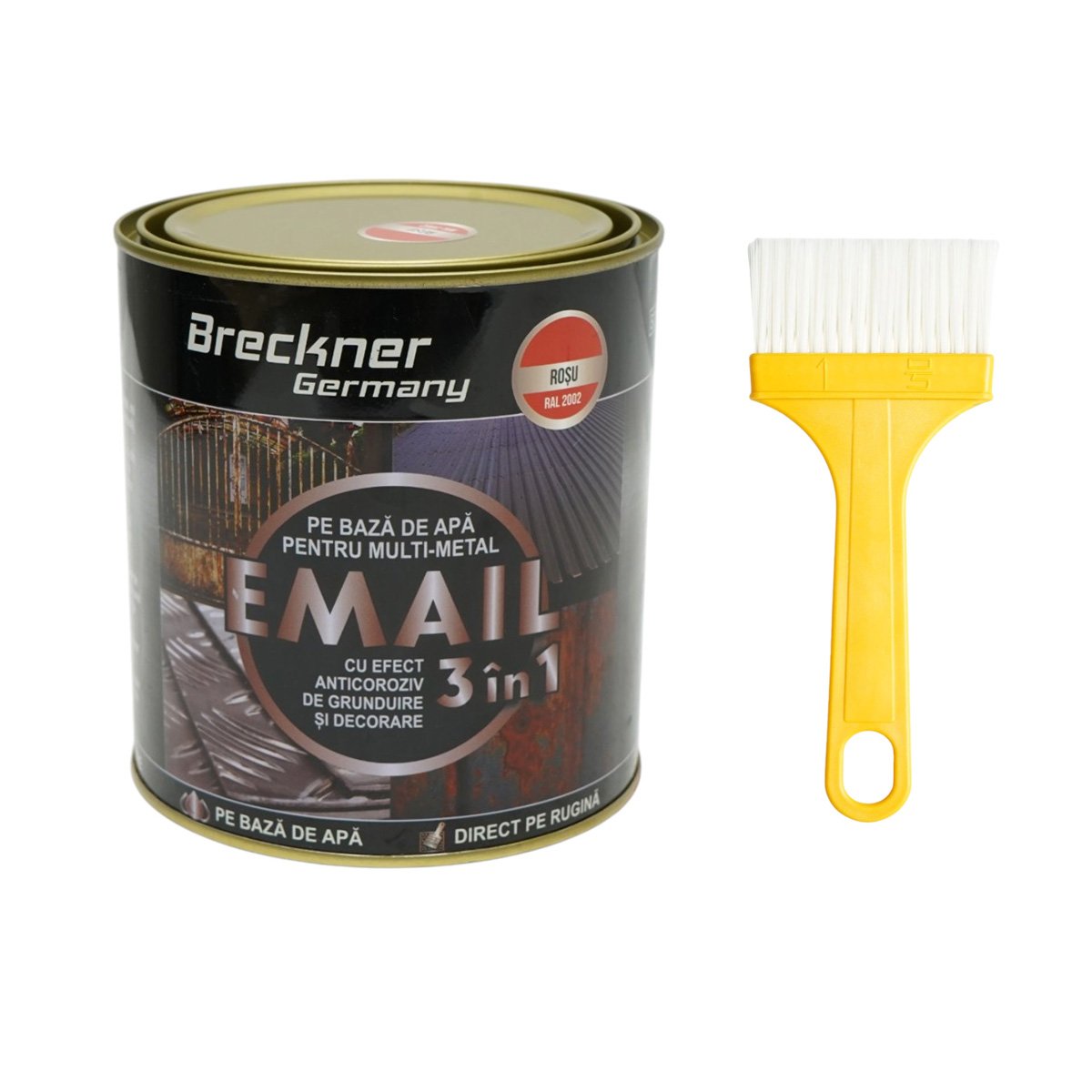 Vopsea email anticoroziva 3 in 1 pentru metal, direct pe rugina, pe baza de apa, rosu RAL 2002 750g Breckner Germany