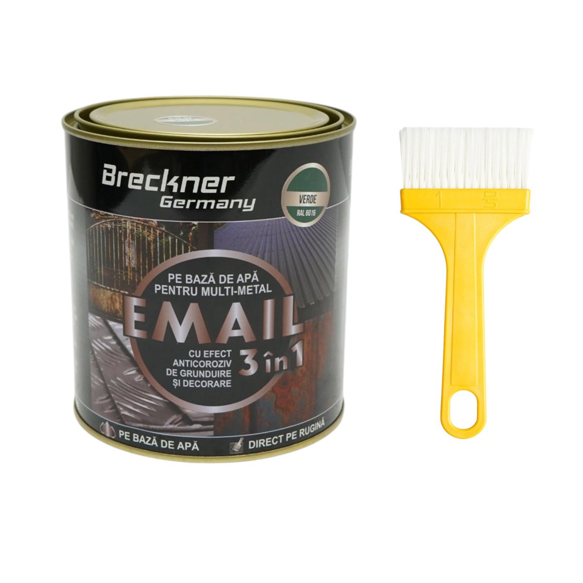 Vopsea email anticoroziva 3 in 1 pentru metal, direct pe rugina, pe baza de apa, verde RAL 6016 750g Breckner Germany