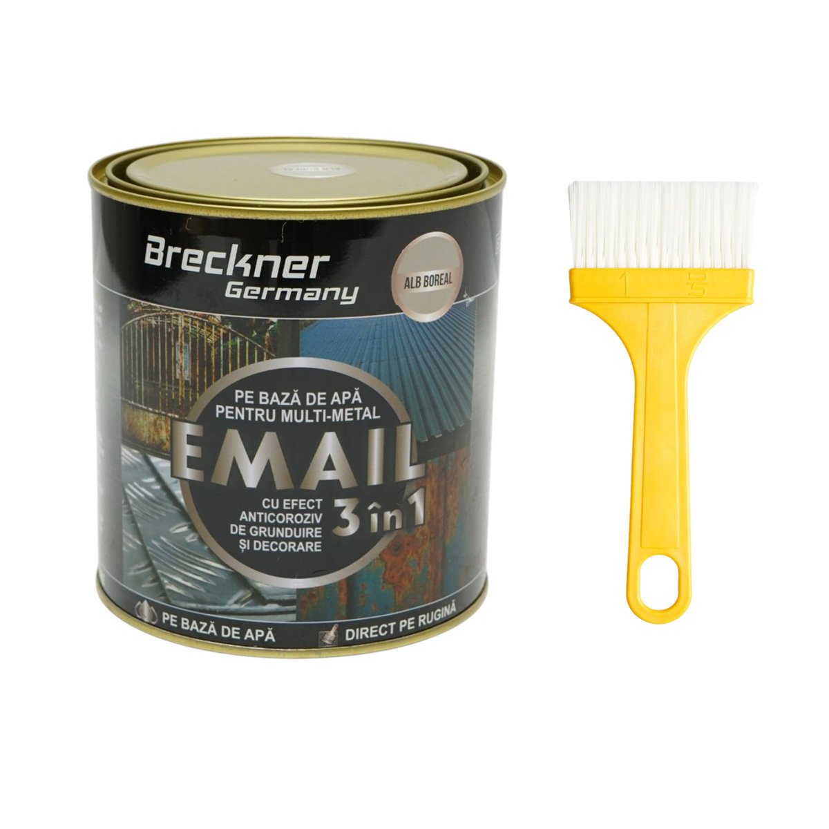 Vopsea email anticoroziva 3 in 1 pentru metal, direct pe rugina, pe baza de apa, alb boreal 750g Breckner Germany