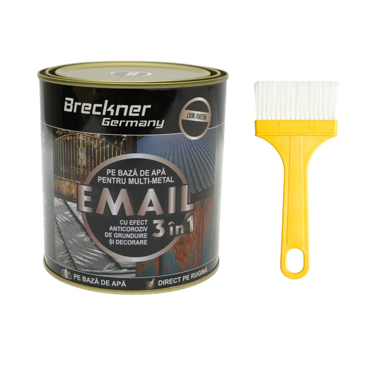 Vopsea email anticoroziva 3 in 1 pentru metal, direct pe rugina, pe baza de apa, negru mat 750g Breckner Germany
