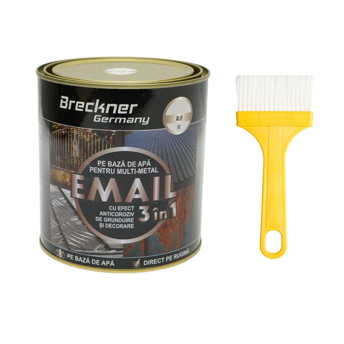 Vopsea email anticoroziva 3 in 1 pentru metal, direct pe rugina, pe baza de apa, alb 10 750g Breckner Germany