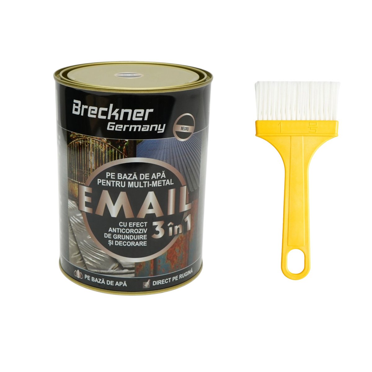 Vopsea email anticoroziva 3 in 1 pentru metal, direct pe rugina, pe baza de apa, negru 2000g Breckner Germany