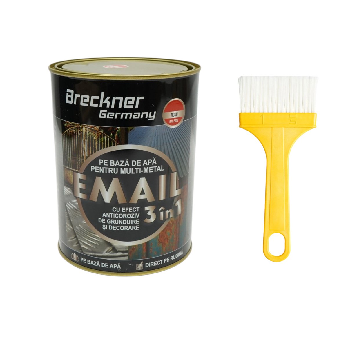 Vopsea email anticoroziva 3 in 1 pentru metal, direct pe rugina, pe baza de apa, rosu RAL 2002 2000g Breckner Germany