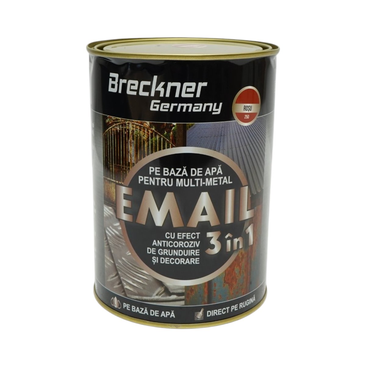 Vopsea email anticoroziva 3 in 1 pentru metal, direct pe rugina, pe baza de apa, rosu 250 2000g Breckner Germany