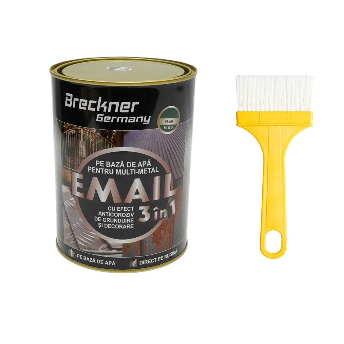 Vopsea email anticoroziva 3 in 1 pentru metal, direct pe rugina, pe baza de apa, verde 6016 2000g Breckner Germany