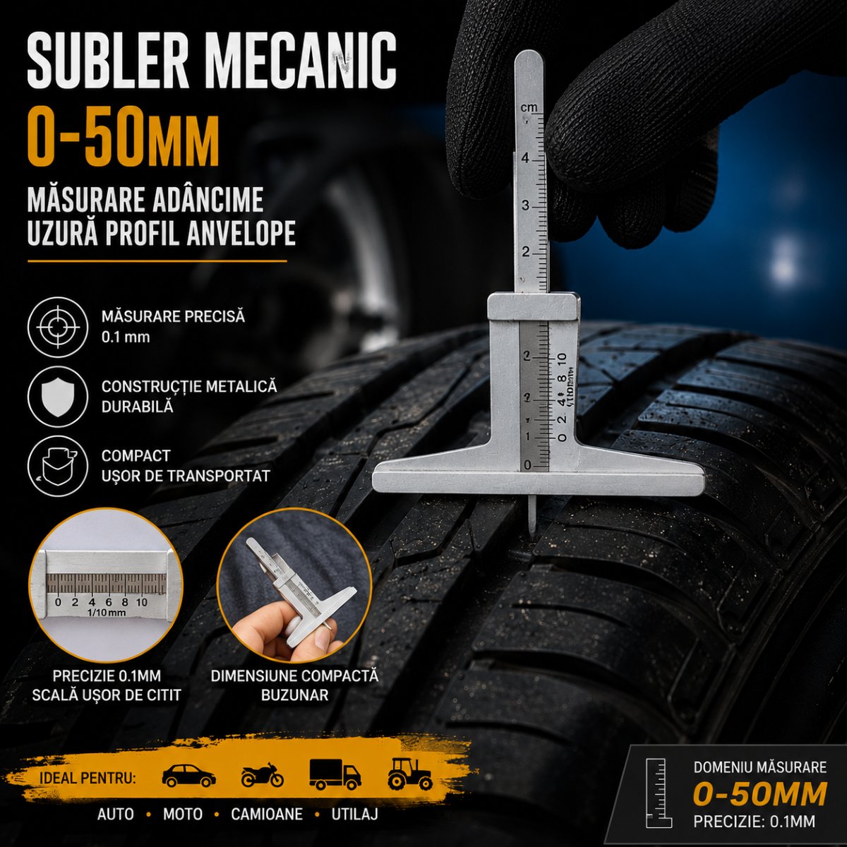 Subler mecanic masurare adancime uzura profil anvelope 0-50mm - imagine 3