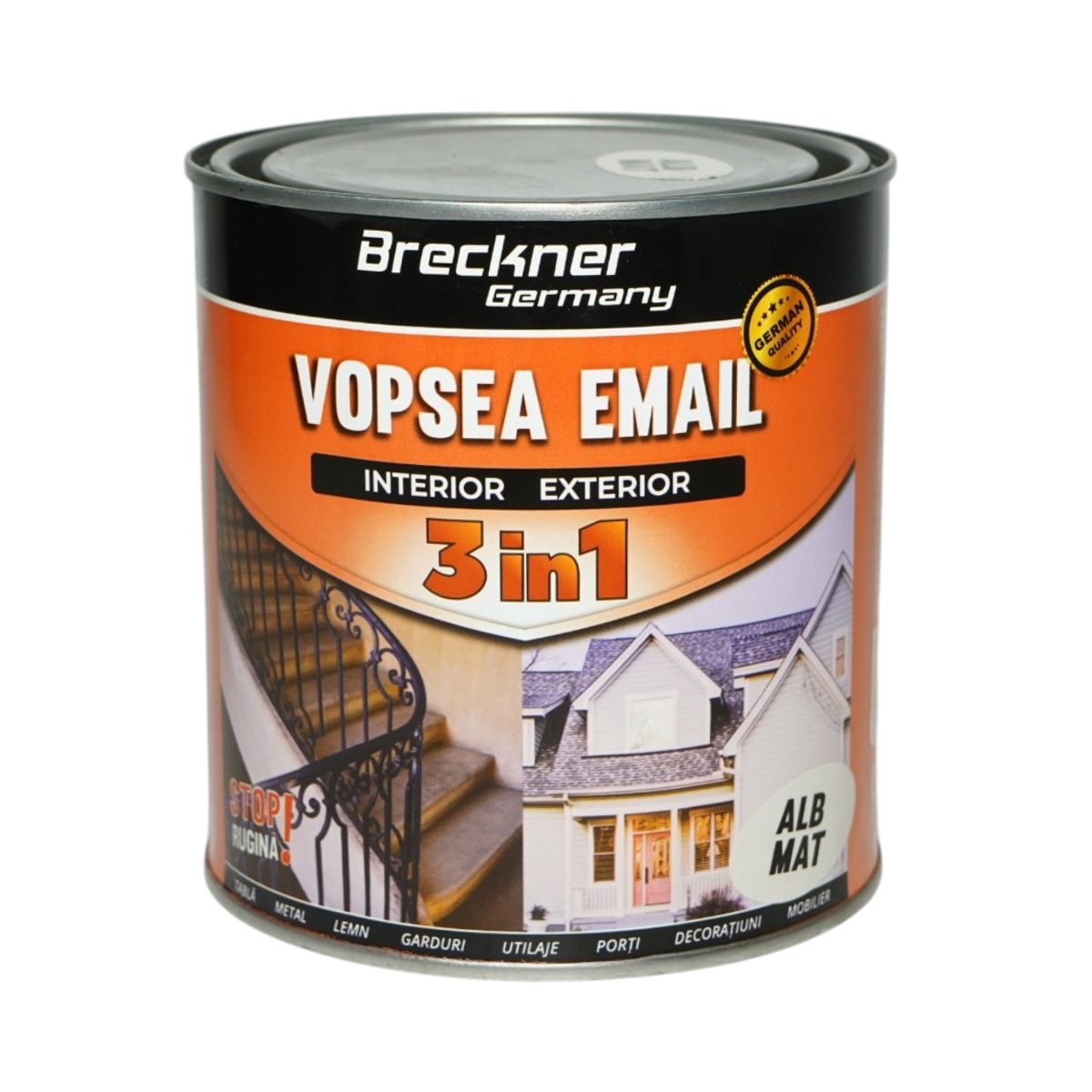 Vopsea email anticoroziva 3 in 1 alb mat pe baza de solvent 1L, direct pe rugina, interior si exterior Breckner Germany