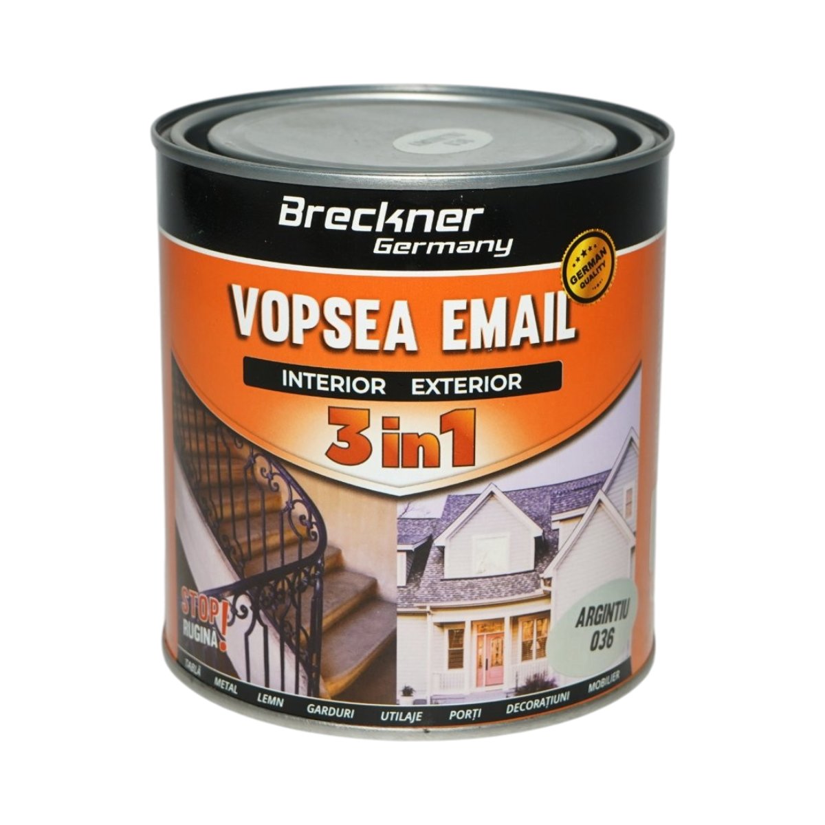 Vopsea email anticoroziva 3 in 1 argintiu 036 pe baza de solvent 1L, direct pe rugina, interior si exterior Breckner Germany