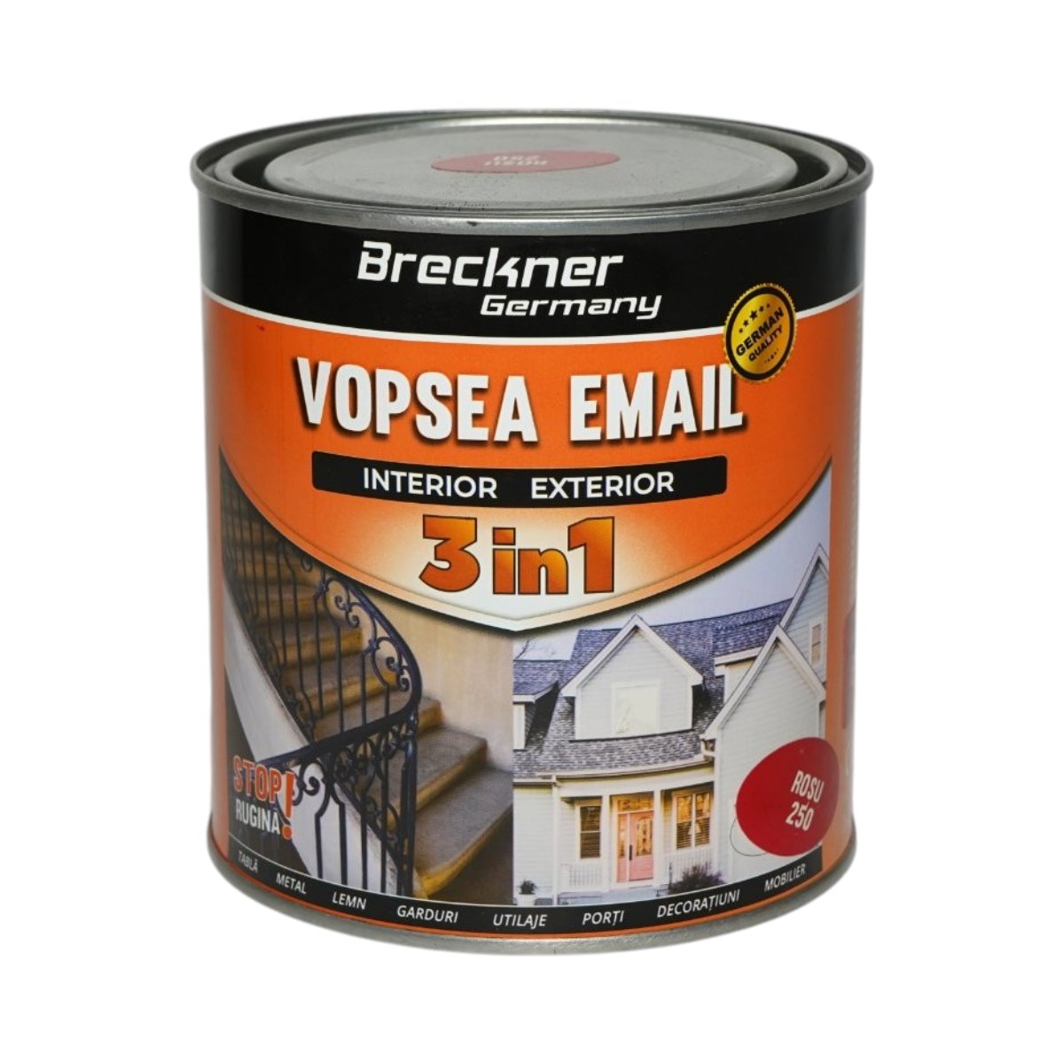 Vopsea email anticoroziva 3 in 1 rosu 250 pe baza de solvent 1L, direct pe rugina, interior si exterior Breckner Germany
