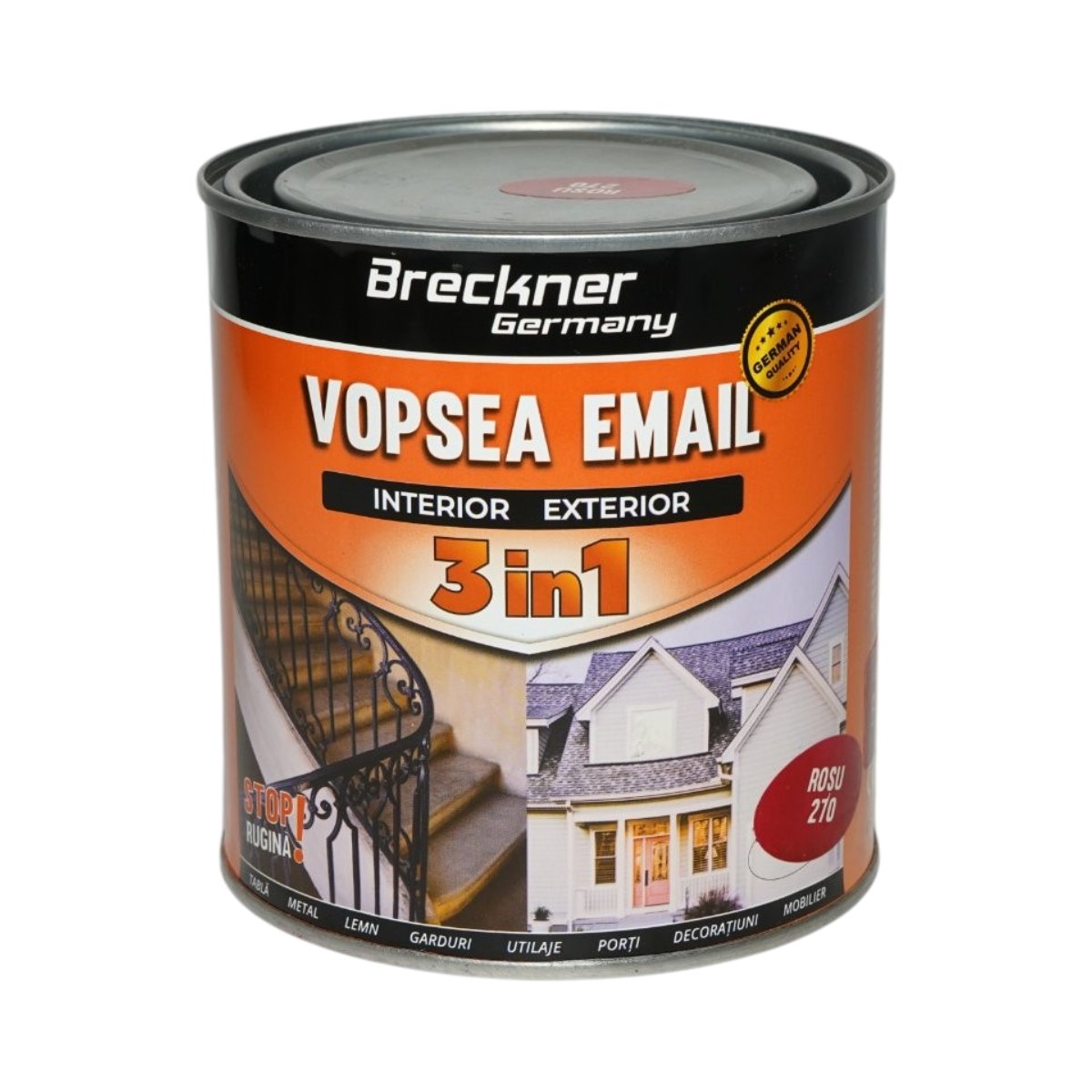 Vopsea email anticoroziva 3 in 1 rosu 270 pe baza de solvent 1L, direct pe rugina, interior si exterior Breckner Germany