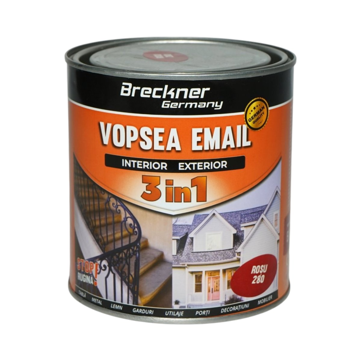 Vopsea email anticoroziva 3 in 1 rosu 280 pe baza de solvent 1L, direct pe rugina, interior si exterior Breckner Germany